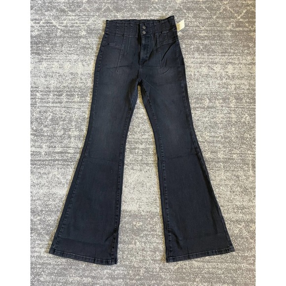 We The Free People Size 31 Jeans Black Bell Bottoms High Rise Buttons NWT P7 - Picture 1 of 12